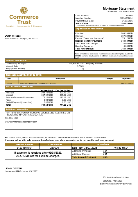 Download USA Commerce Trust Bank  mortgage statement in Word and PDF formats Photoshop template